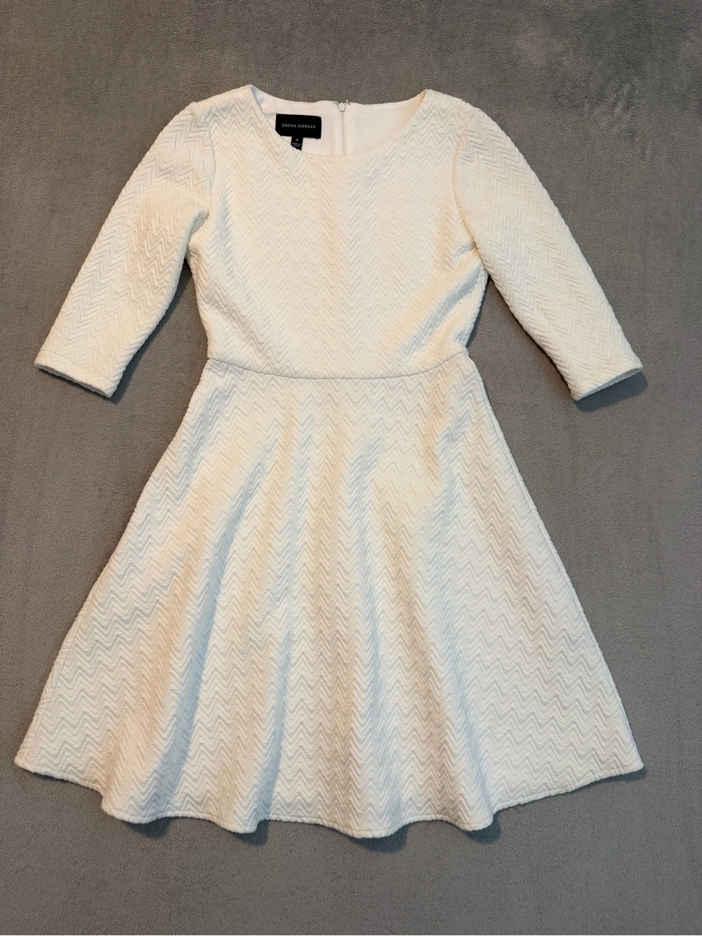 Donna Morgan Fit/Flare Women Dress 6. White Chevron Textured 3/4 Sleeve Mod 60s
